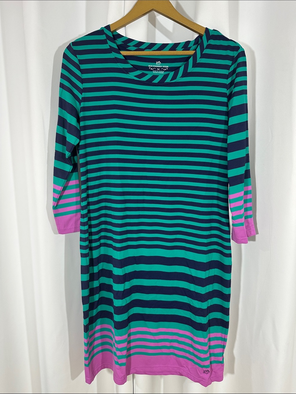 Southern Tide Striped Shift Dress Size M Teal Navy Pink Performance Stretch